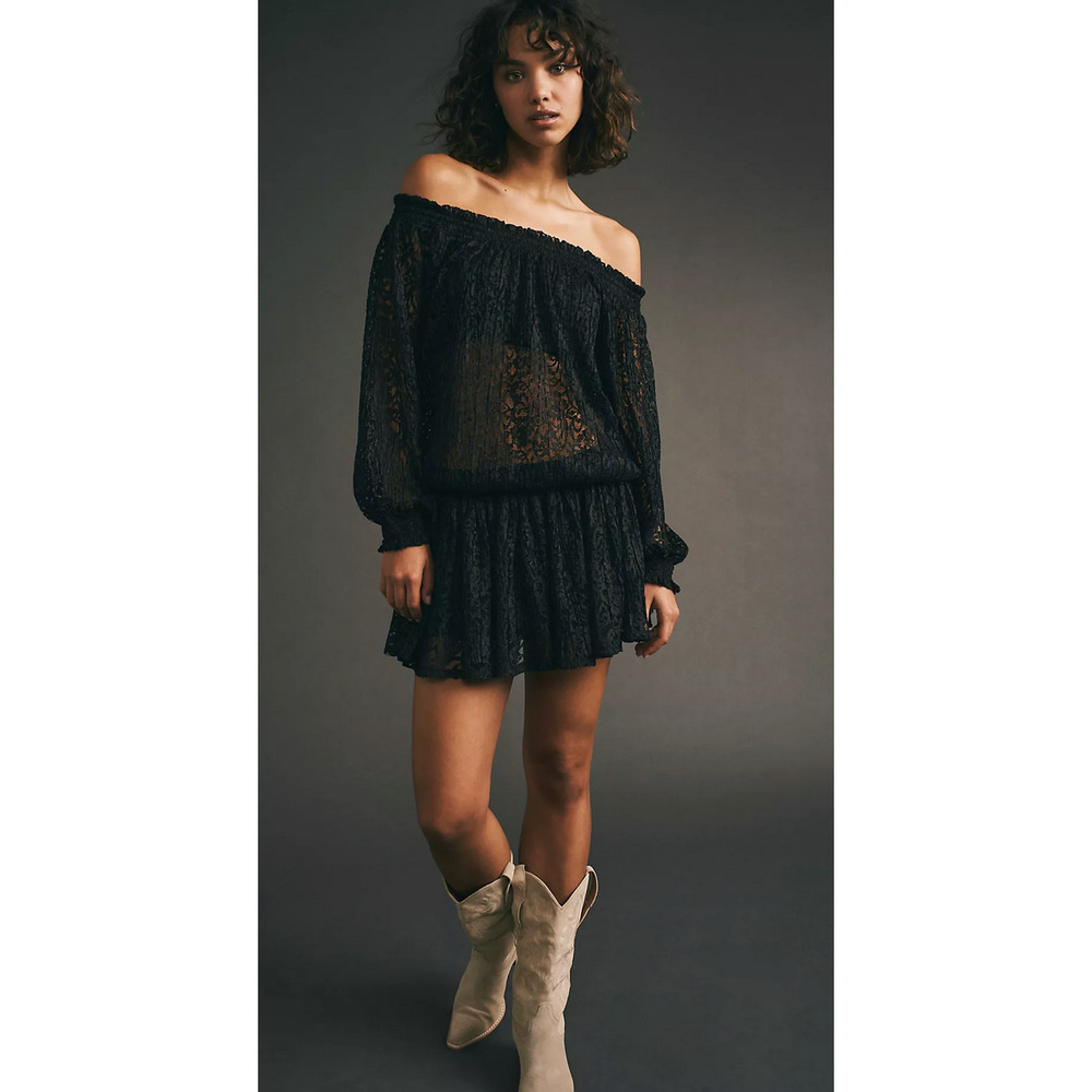 NEW FREE PEOPLE BLACK CARINA MEADOW SHEER LACE MINI DRESS OB1533614 SZ XS